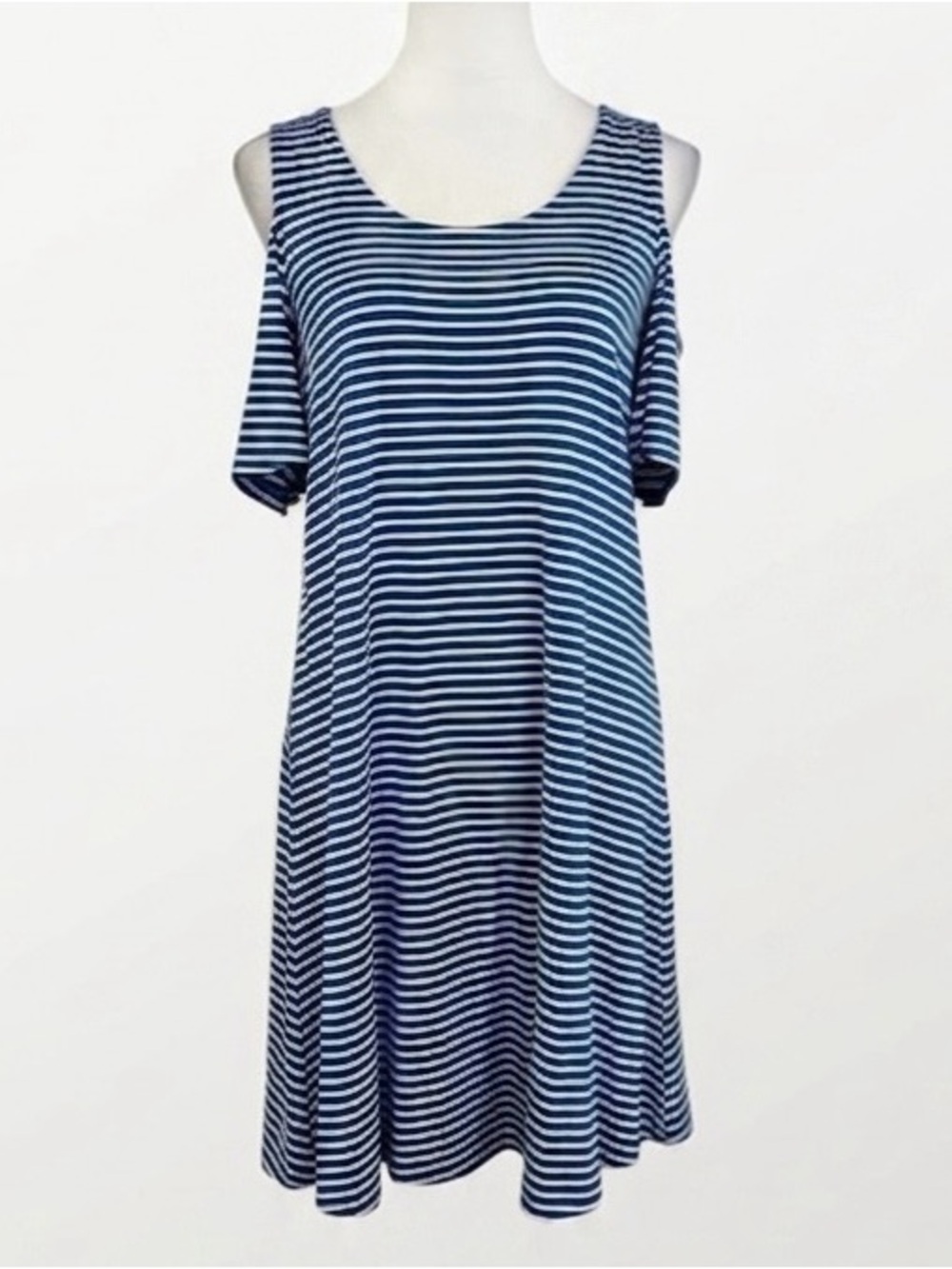 Cupio Cold Shoulder Shift Dress Size Small Blue White Stripes Cotton Knee Length